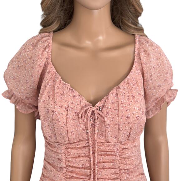 NWT IRIS Mini Dress babydoll Milkmaid coquette Smocked Pink floral y2k Large - Picture 2 of 12